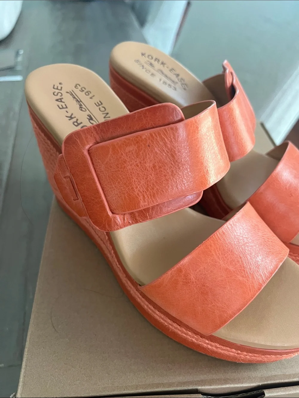 Kork-Ease Women's Coral Orange Leather Wedge Sandals